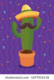 Mexican cactus with hat and mustache design, Mexico culture tourism landmark latin and party theme Vector illustration