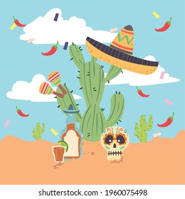 Mexican cactus with icons at desert