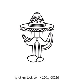 mexican cactus with mustache and hat over white background, line style, vector illustration