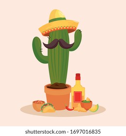 Mexican cactus with mustache hat and tequila bottle design, Mexico culture tourism landmark latin and party theme Vector illustration