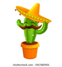Mexican cactus with mustaches in a sombrero hat. Funny cartoon character isolated on white background. Vector illustration to 5th of May Cinco de Mayo holiday