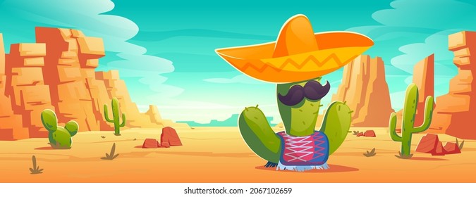 Mexican cactus with mustaches in sombrero and poncho at desert landscape. Viva Mexico or cinco de mayo party, traditional Latin holiday or fiesta celebration symbol, Cartoon vector illustration