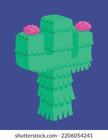 Mexican cactus pinata. Graphic element for website, sticker for social networks. Holidays, traditions and cultures. Gifts, presents, surprises and sweets. Cartoon isometric vector illustration