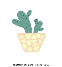 Mexican cactus in a pot. Prickly cartoon cactus. Decorative indoor plant in a pot. Flat vector illustration