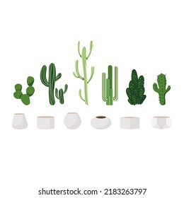 Mexican cactus in pot set. Desert spiny plant, cacti flower and tropical home plants or garden cactuses and succulent. Flora isolated vector icons collection. Illustration in flat style.