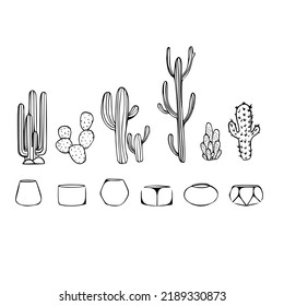 Mexican cactus in pot set. Desert spiny plant, cacti flower and tropical home plants or garden cactuses and succulent. Flora isolated vector icons collection. Illustration in line artvstyle.