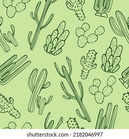 Mexican Cactus Seamless Pattern. Desert Plant, Cacti Flower And Tropical Home Plants Or Garden Cactuses And Succulent. Flora Isolated Vector. Illustration In Line Art Style. Greeen Background