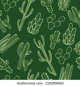 Mexican cactus seamless pattern. Desert plant, cacti flower and tropical home plants or garden cactuses and succulent. Flora isolated vector. Illustration in line art style. Greeen background