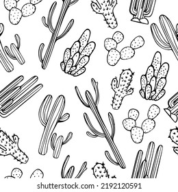 Mexican Cactus Seamless Pattern. Desert Plant, Cacti Flower And Tropical Home Plants Or Garden Cactuses And Succulent. Flora Isolated Vector. Illustration In Line Art Style. White Background