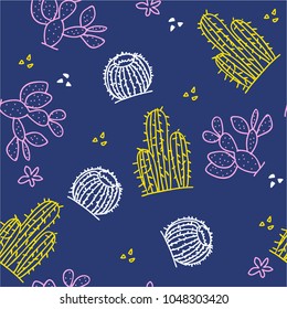 Mexican Cactus seamless pattern illustration. Hand drawn desert plant in doodle style.