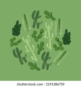 Mexican cactus set in circle background. Desert spiny plant, cacti flower and tropical home plants or garden cactuses and succulent. Flora isolated vector icons collection. Illustration in flat style