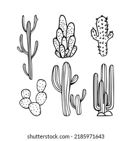 Mexican cactus set. Desert spiny plant, cacti flower and tropical home plants or garden cactuses and succulent. Flora isolated vector icons collection. Illustration in line art style.
