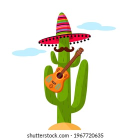 Mexican cactus in a traditional sombrero with a guitar. flat vector illustration isolate on white background