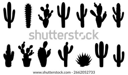 Mexican cactus vector icon set of solid black silhouettes, featuring various desert plants for nature and travel concepts.