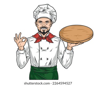 Mexican cafe chef label colorful with bearded man with tray recommending to come to dinner in Spanish restaurant vector illustration