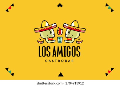 Mexican cafe logotype, brand restaurant icon, skull characters in sombrero hats, agave cactus tequila alcohol, traditional Mexico drink bar. Vector isolated logo design, linear illustration