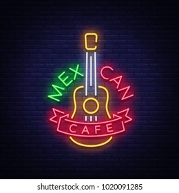 Mexican cafe is a neon sign. Bright glow sign, neon banner, luminous logo, symbol, nightly advertisement of Mexican food. Design a template for your projects. Vector illustration
