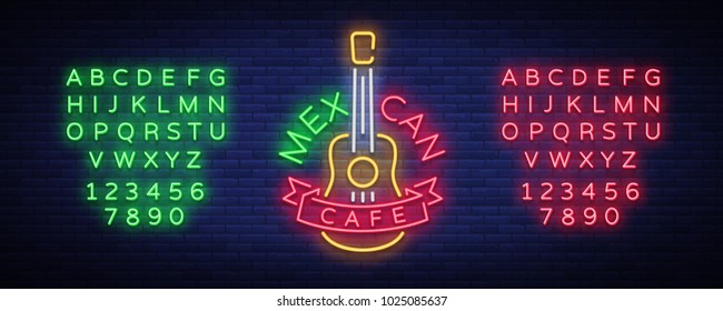 Mexican cafe is a neon sign. Bright glow sign, neon banner, luminous logo, symbol, nightly advertisement of Mexican food. Design a template. Vector illustration. Editing text neon sign