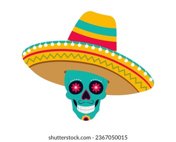 mexikanische Calaca in Sombrero. Motley Skull mit nationaler Ziergegend und breiter Hut. Vektorgrafik auf isoliertem Hintergrund