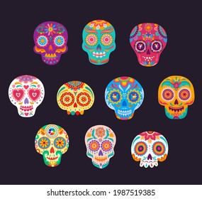 Mexican calavera cartoon sugar skulls vector set. Dia de los muertos craniums with flowers and floral pattern. Dead day decoration, traditional Mexico festival symbolic, Death holiday celebration