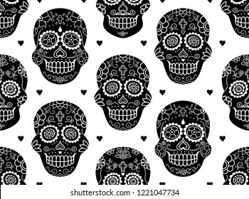 Mexican calavera Day Of The Dead vector skull seamless pattern