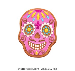 Mexican calavera skull cookie for Dead Day holiday or Dia de Los Muertos, vector cartoon biscuit cake. Mexican funny calavera sugar skull cookie with caramel flowers for pastry dessert on Day of Dead