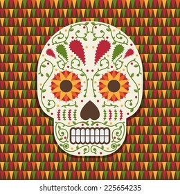 mexican calavera skull decoration on bright triangle pattern background