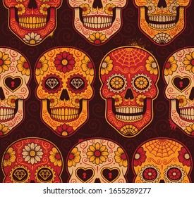 Mexican calavera skulls seamless pattern. Each colours are in a group