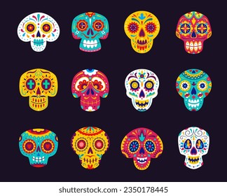 Mexican calavera sugar skulls. Cartoon vector set of dia de los muertos craniums with flowers and floral pattern. Day of the dead decoration, traditional Mexico festival symbolic, holiday celebration