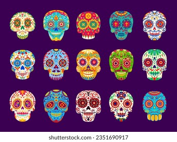 Mexican calavera sugar skulls. Dia de los muertos holiday funny characters. Cartoon vector set of human craniums adorned with flowers and floral pattern. Traditional Day of the dead festival symbolic