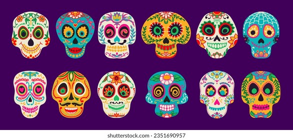 Mexican calavera sugar skulls. Dia de los muertos day of the dead holiday skulls. with flowers and floral pattern. Day of the dead decorative craniums, traditional Mexico festival celebratory symbols