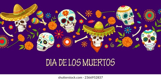 Mexican calavera sugar skulls on Dia de Los Muertos holiday banner. Dia de Los Muertos carnival background, Mexico traditional festival poster or Day of the Dead vector poster with ornate skulls