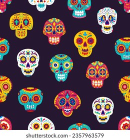 Mexican calavera sugar skulls seamless pattern. Dead day tile background, Dia de los muertos craniums with flowers and floral ornament. Traditional Mexico festival symbolic, Death holiday celebration