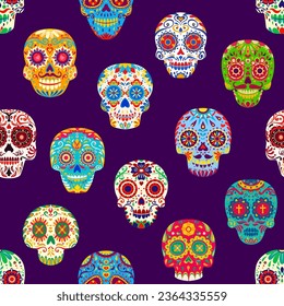 Mexican calavera sugar skulls seamless pattern. Dia de los muertos holiday funny characters. Cartoon vector tile background with human calaca heads adorned with flowers and floral ornaments