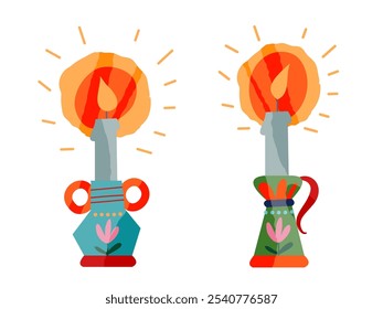 Mexican candles with colorful floral pattern isolated on transparent background. Traditional decoration candles for Day of dead or Dia de los muertos on Spanish. Colorful cartoon vector illustration.