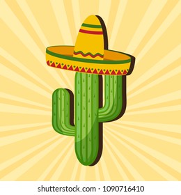 Mexican card. Cactus in sombrero on background of sunlight. Vector illustration