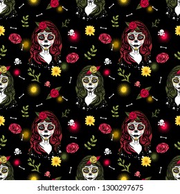 Mexican carnival Dia de los muertos (Day of the dead) concept with Calavera Catrina, roses, fireworks and daisy flower. Seamless pattern. Vector background illustration