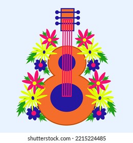 Mexican carnival Dia de los muertos, Day of the dead concept with with guitar and flowers. Cartoon halloween hand drawn doodle element for invitation card, poster, banner isolated on white background.