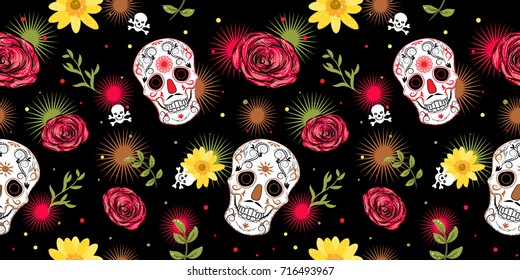 Carnaval mexicano de los muertos con cráneos de azúcar, rosas, fuegos artificiales y flor margarita.Patrón sin problemas. Ilustración de fondo del vector