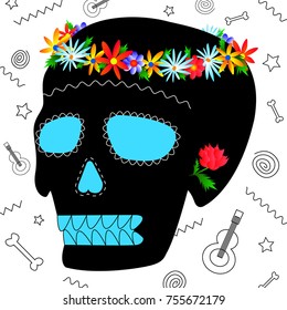 Mexican carnival Dia de los muertos (Day of the dead) concept with skull and flowers.