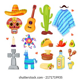 Mexican carnival elements. Mexico holiday fiesta party, cinco de mayo traditional festival, pinata margarita latin spanish flag, day of dead skull, set cartoon vector icon of festival illustration