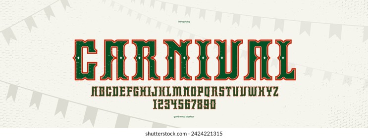 Carnaval mexicano y Fiesta muestran tipografía para afiches y titulares, tipo de exhibición vectorial en estilo retro de circo y el salvaje occidente americano, letras y números de letras de fiestas y celebraciones.