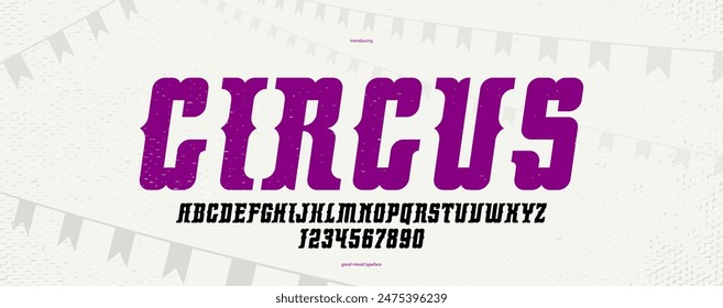 Mexican carnival and fiesta display font for posters and headlines, vector display typeface in retro style of circus and American wild west, celebration and party alphabet italic letters and numbers.