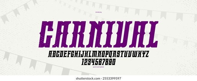 Mexican carnival and fiesta display font for posters and headlines, vector display typeface in retro style of circus and American wild west, celebration and party alphabet italic letters and numbers.