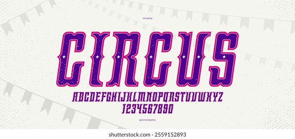 Mexican carnival and fiesta display font for posters and headlines, vector display typeface in retro style of circus and American wild west, celebration and party alphabet italic letters and numbers.