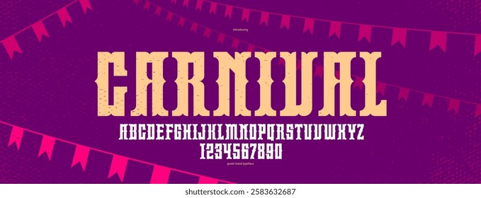 Mexican carnival and fiesta display font for posters and headlines, vector display typeface in retro style of circus and American wild west, celebration and party alphabet letters and numbers.