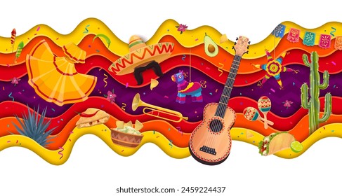 Mexican carnival paper cut banner for holiday fiesta with sombrero and guitar, vector background. Mexican culture banner with avocado, chili pepper and maracas, pinata and taco or cactus in paper cut