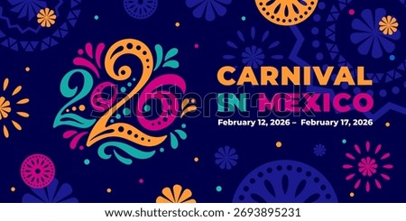 Mexican carnival vector banner, flyer, booklet. A greeting card with Mexican patterns and the number 2026 on blue background. Carnival in Mexico is celebrated in February.