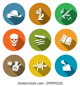 Mexican Cartel Icons Set. Vector Illustration. Isolated Flat Icons Collection On A Color Background For Design