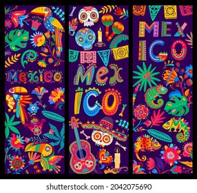 Mexican cartoon banners, guitar and calavera sugar skull in sombrero, toucans and chameleon, flowers and papel picado flags. Vector cards Mexico dia de los Muertos festive holiday celebration